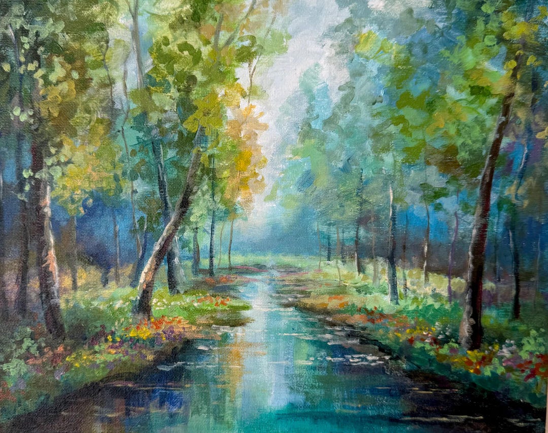Hand Painted Forest Oil Painting on Stretched Canvas: Modern Wall Art ...
