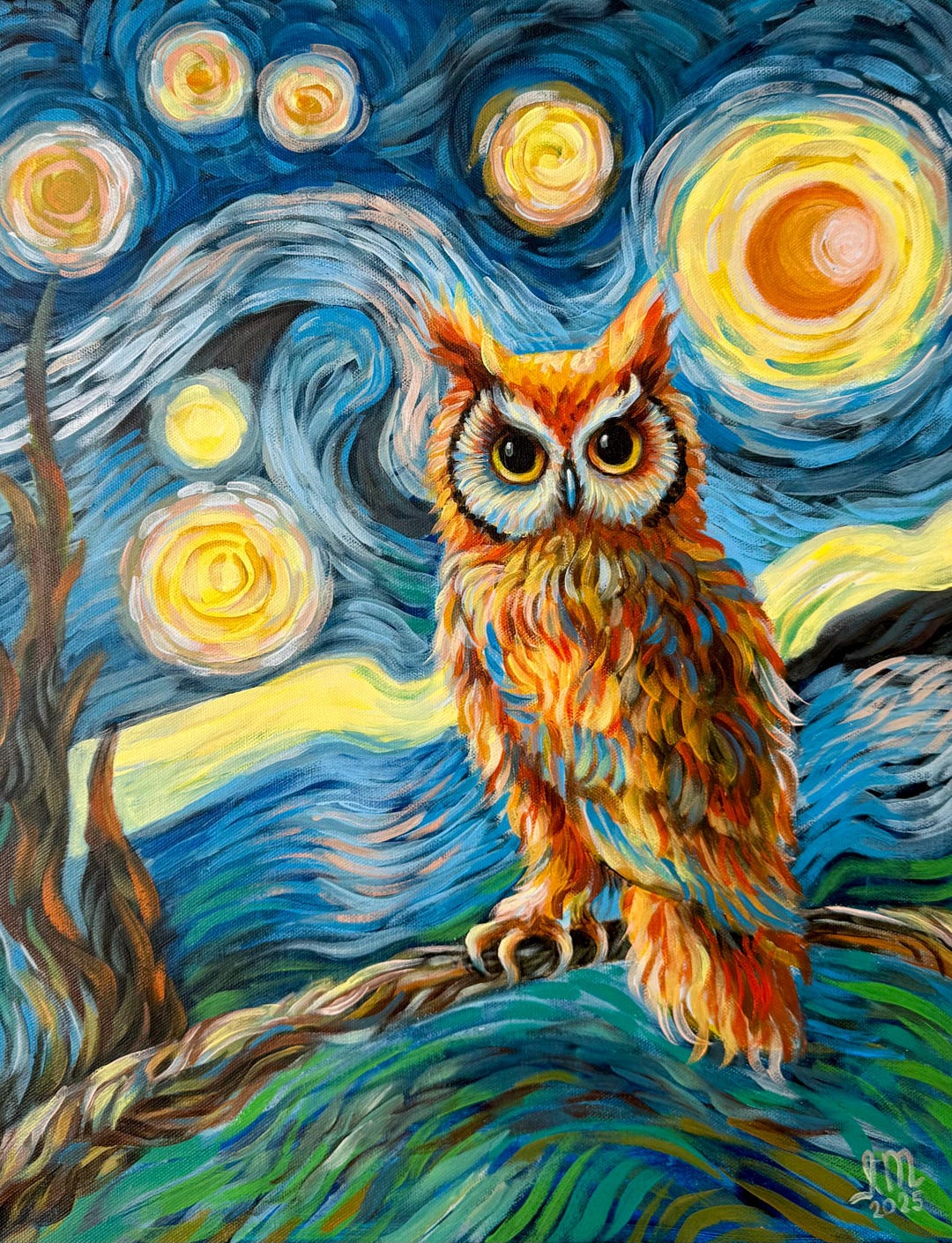 The Starry Night Owl Canvas Painting, Hand Painted Ready to Hang ...