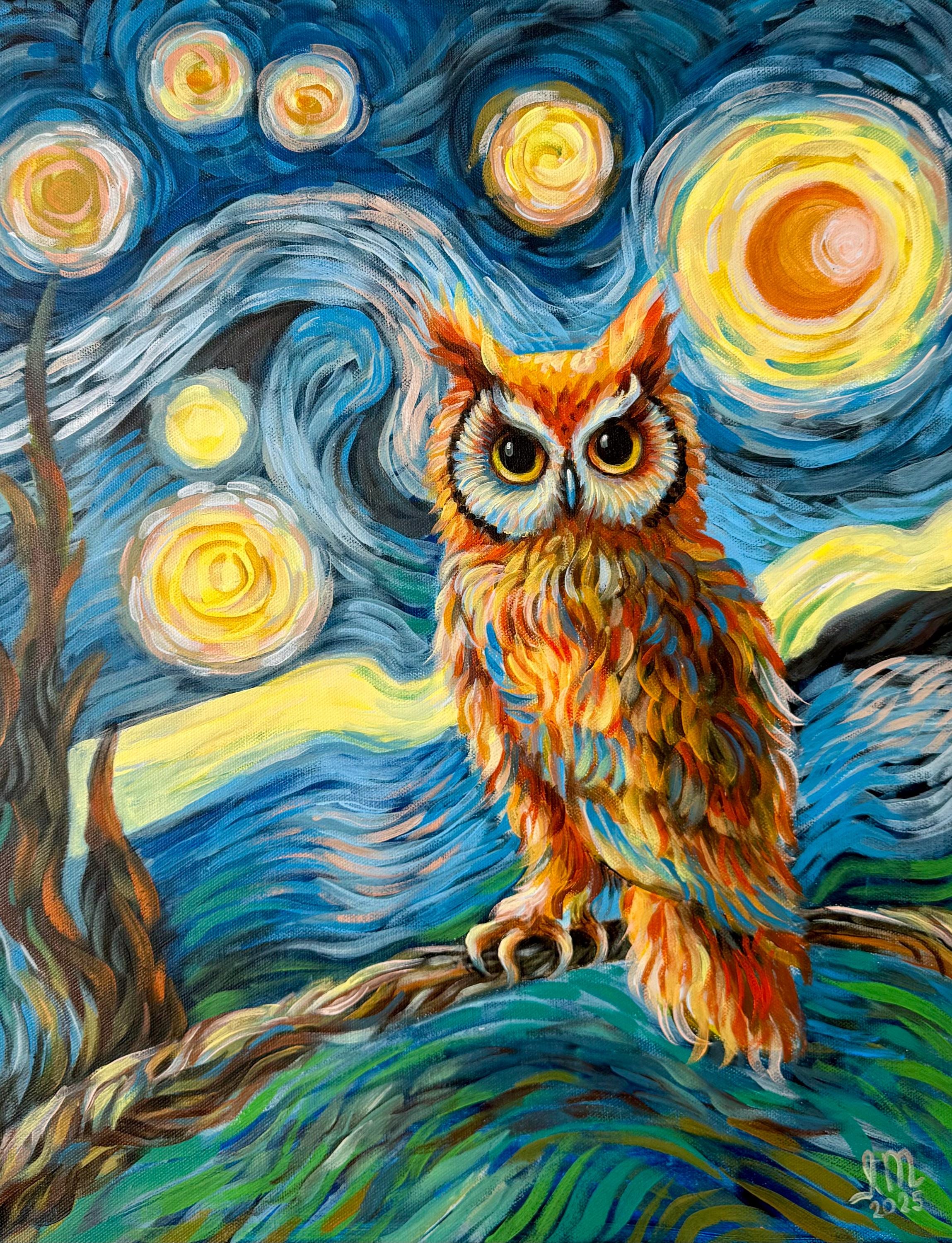 The Starry Night Owl Canvas Painting, Hand Painted Ready to Hang Artwork, Post-Impressionistic Decor, Housewarming Gift, Van Gogh Art