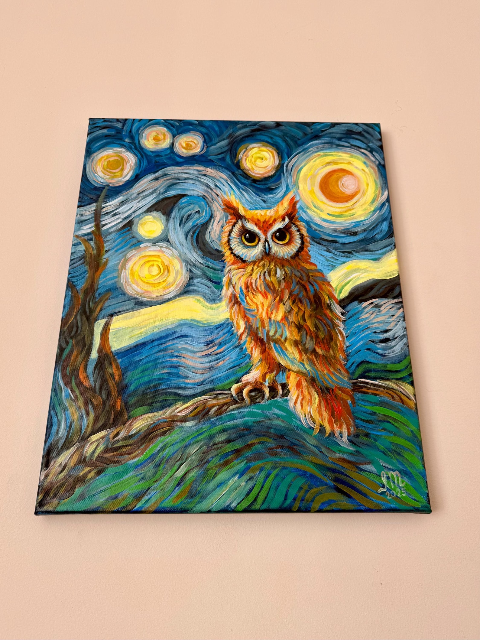 The Starry Night Owl Canvas Painting, Hand Painted Ready to Hang ...