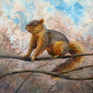 Squirrel on Branch Acrylic Painting on Canvas, Squirrel in Forest Painting, Orange Squirrel Canvas Painting, Red Squirrel Painting on Canvas