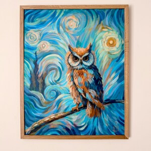 Peinture originale sur toile hibou, oeuvre d'art prête à accrocher peinte à la main, peinture hibou étoilé, art mural déco originale, peinture de Van Gogh