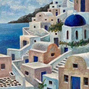 Santorini Landscape Oil Painting on Stretched Canvas, Original Contemporary Wall Art, Living Room Wall Decor, Home Art Decor, Greece Artwork