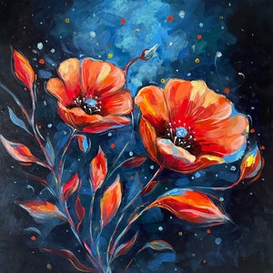 Blue and Red Flower Painting, Original Pouring Painting on Stretched Canvas, Blue and Red, Orange Canvas Night Flowers Painting.