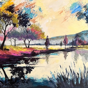 Lake Landscape Canvas Painting, Nature Abstract Acrylic Painting, Original Acrylic Framed Painting, Impasto Painting on Canvas Original
