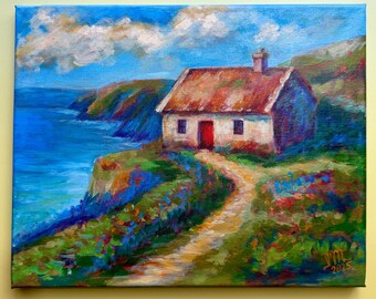 Pintura al óleo de cabaña irlandesa sobre lienzo, arte mural irlandés pintado a mano, pintura de paisaje de acantilados costeros irlandeses sobre lienzo estirado