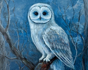 Snowy Owl Acrylic Canvas Painting, White Owl on a Tree Stump, Original Acrylic Painting on Canvas, Fine Art, Animal Wall Art, Bird Painting