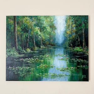 Liies on Water Painting on Canvas, Water Lilies Hand Painted Art, Lilies in Forest Landscape Painting on Stretched Canvas, Water Lily Art