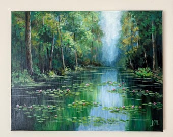 Hand-Painted Water Lilies Canvas Art - Forest Landscape Painting