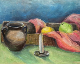 Naturaleza muerta, pintura acrílica original sobre lienzo. Obra de arte pintada a mano. Decoración de pared hecha a mano, lienzo con marco, decoración de pared para el hogar.