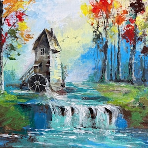 River Mill Original Painting on Canvas • Water Mill Painting • One of a Kind • Original River Mill Painting • Water Mill Fine Art Painting