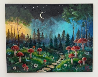 Fly Agaric Painting on Canvas Original • Mushrooms Canvas Painting • Enchanted Forest with Mushrooms Painting • Gift for Mushroom Lovers