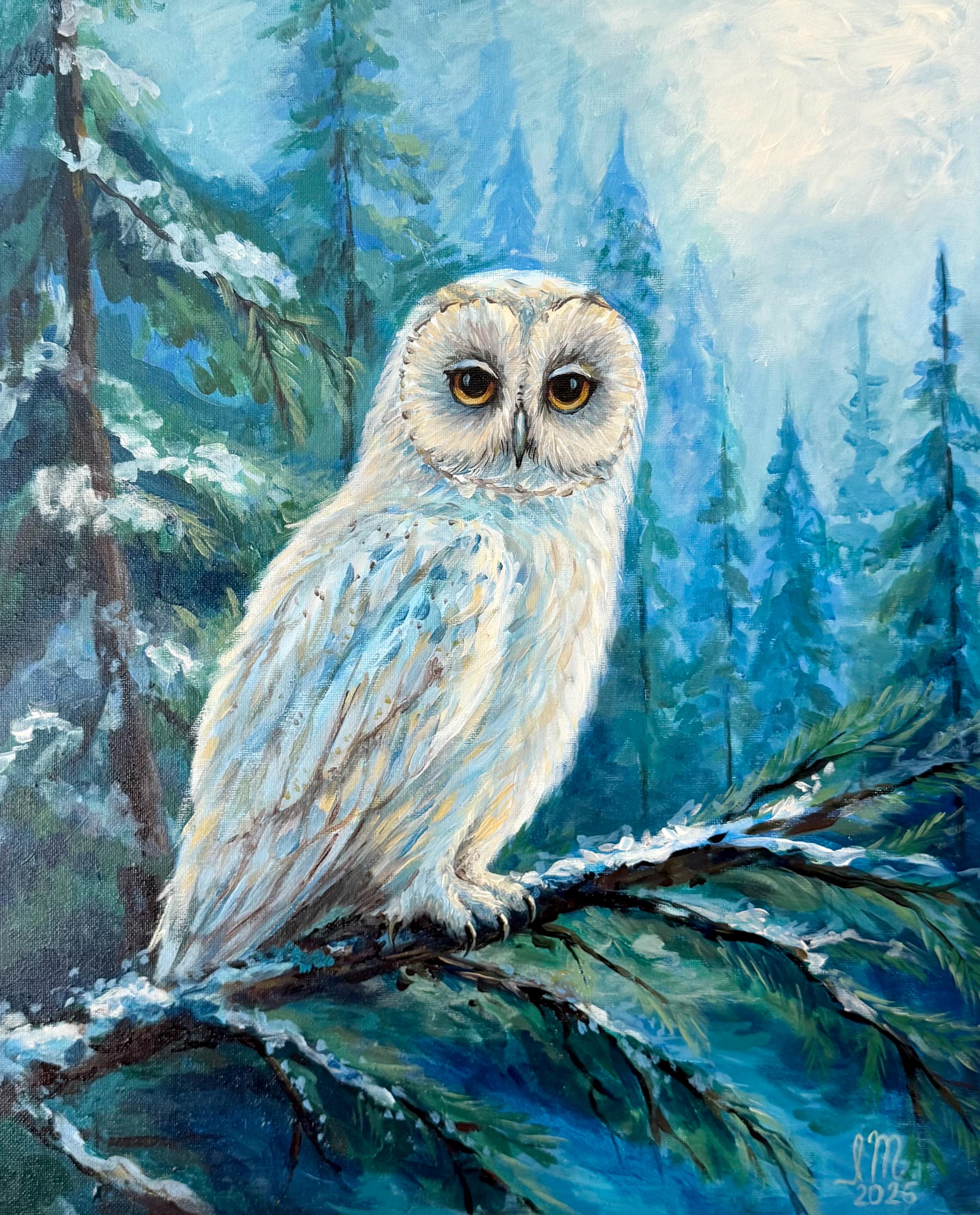 Original Snow Owl Canvas Painting, Hand Painted Ready to Hang Artwork, Owl in Forest Art Painting, O