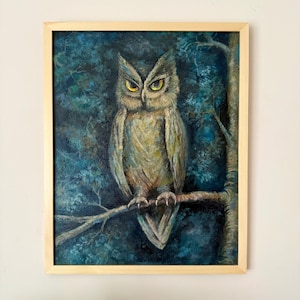 Original Owl Canvas Acrylic Painting, Hand Painted Ready to Hang Art, Owl Artwork, Night Owl Original Painting, Night Bird Painting