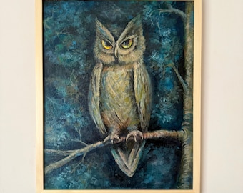 フクロウアート、フクロウの絵画、キャンバスに描かれたオリジナルの