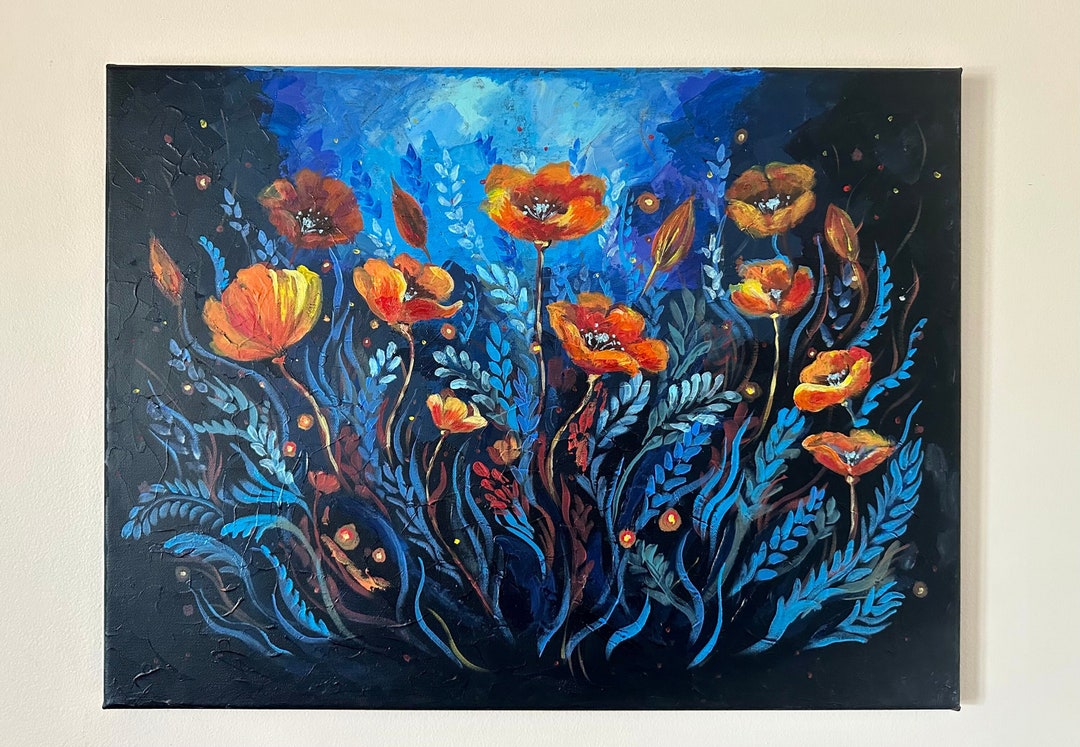 Orange and Blue Flowers Painting, Original Flowers Painting on ...
