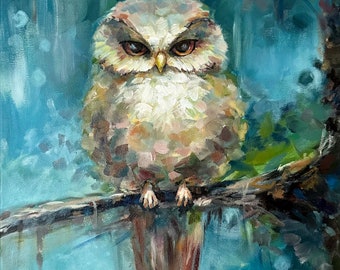 Original Owl Canvas Painting, Oil Hand Painted Ready to Hang Artwork, Oil Canvas Wall Decor, Wall Art Original Decor, Fine Art Painting