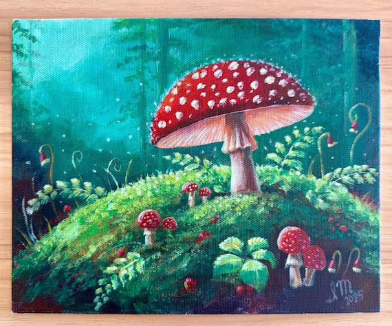 キノコの気まぐれなアート • 赤いキノコの絵画 • ユニークな絵画
