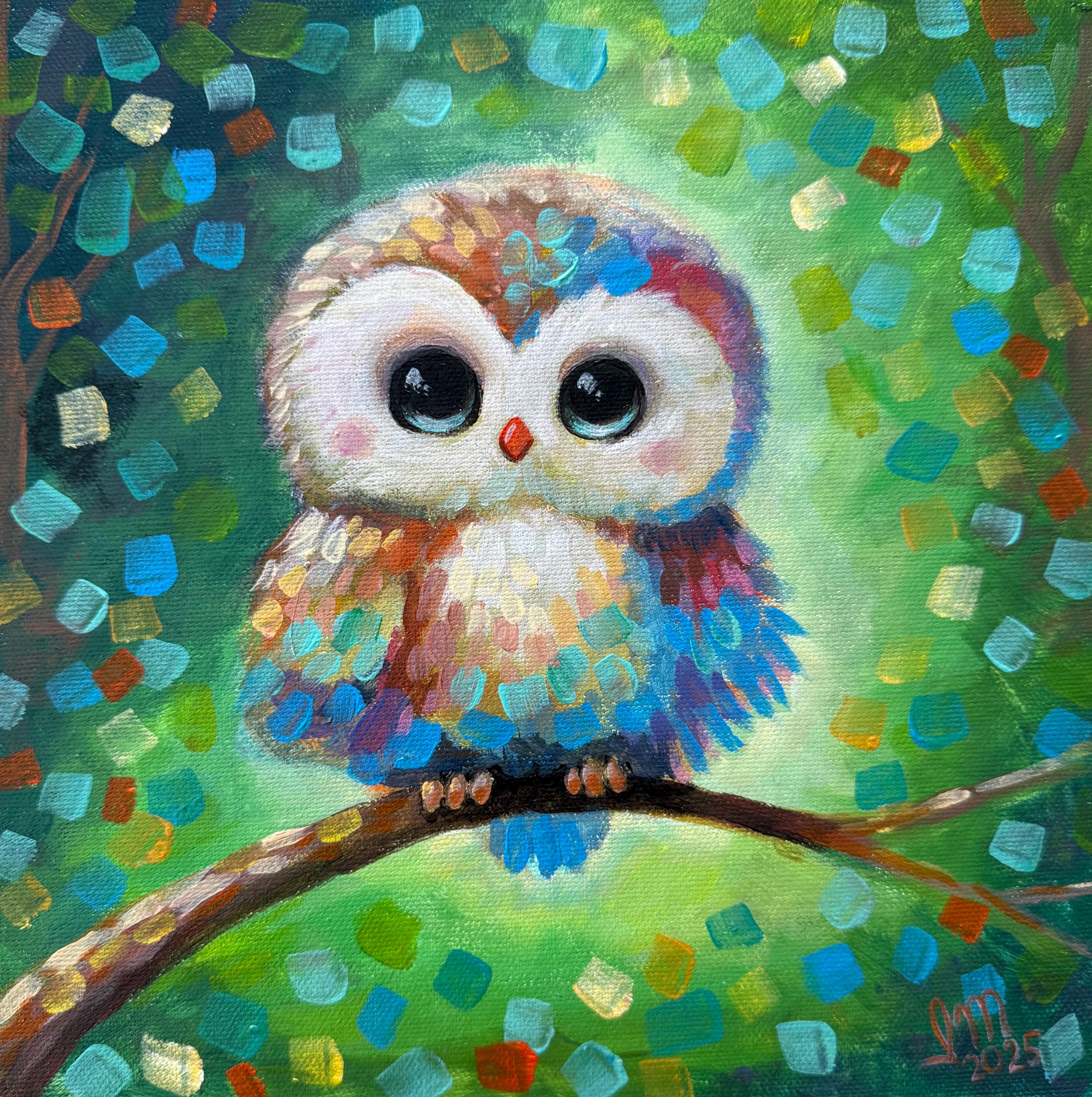 Hand Painted Baby Owl Canvas Painting: Framed Nursery Decor