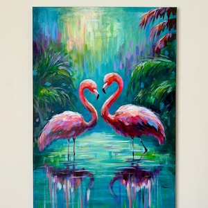 Original Flamingo Canvas Painting, Hand Painted Ready to Hang Artwork, Canvas Wall Decor, Wall Art Original Decor, Fine Art Painting