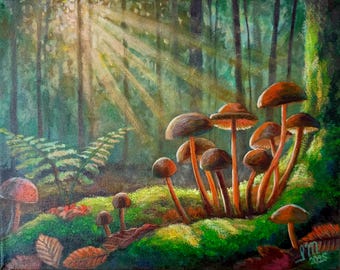 Pilz Gemälde auf Leinwand Original • Brauner Pilz Gemälde • Zauberwald • Geschenk für Natur Liebhaber