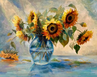 油絵 ひまわり 油絵 油彩 油彩画 絵 絵画 海とひまわりのハーモニー