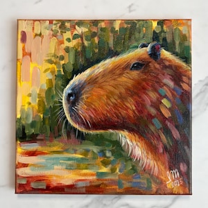 Origineel capibara canvas acrylschilderij, capibara handgeschilderd canvas, capibara kunst origineel decor, kunst schilderij
