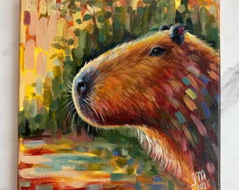 Pintura acrílica em tela de capivara original, tela pintada à mão de capivara, decoração original de arte capivara, pintura de arte fina