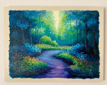 Enchanted Forest Acrylic Painting on Canvas, Whimsical Forest Art, Magic Forest Canvas Painting, Blue Forest Landscape Painting on Canvas