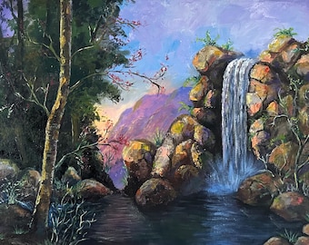 Waterfall Original Canvas Painting, Waterfall Acrylic Painting, Forest Waterfall Painting, Original Waterfall Landscape Painting