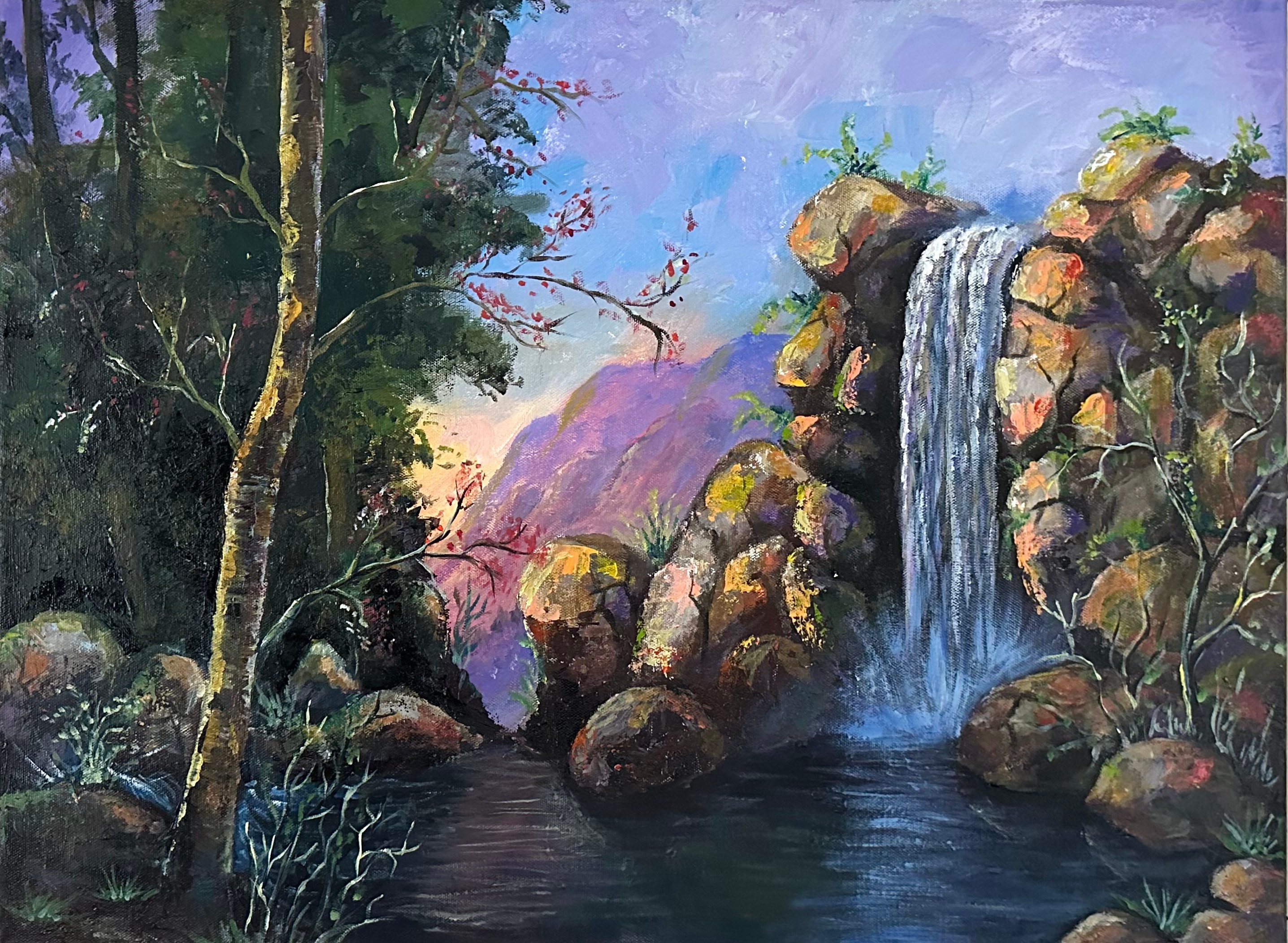 Waterfall Original Canvas Painting, Waterfall Acrylic Painting, Forest Waterfall Painting, Original Waterfall Landscape Painting