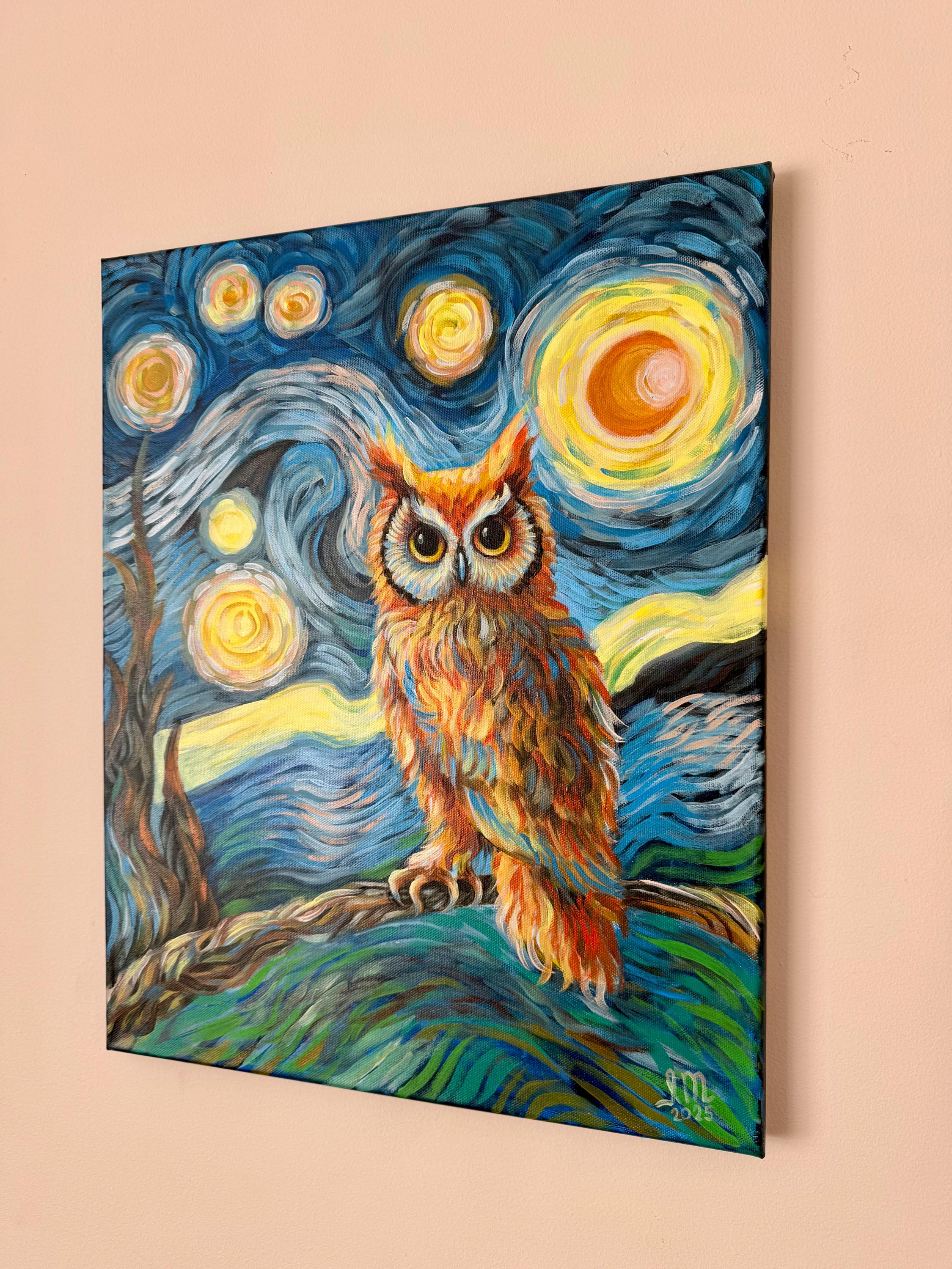 The Starry Night Owl Canvas Painting, Hand Painted Ready to Hang ...