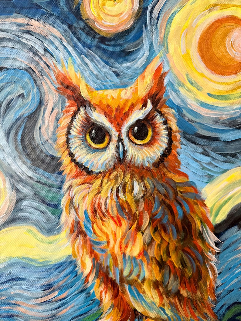 The Starry Night Owl Canvas Painting, Hand Painted Ready to Hang ...