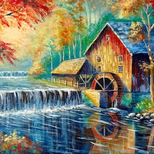 River Mill Original Painting on Canvas • Water Mill Painting • One of a Kind Painting • River Mill in Forest • Gift for Nature Lovers