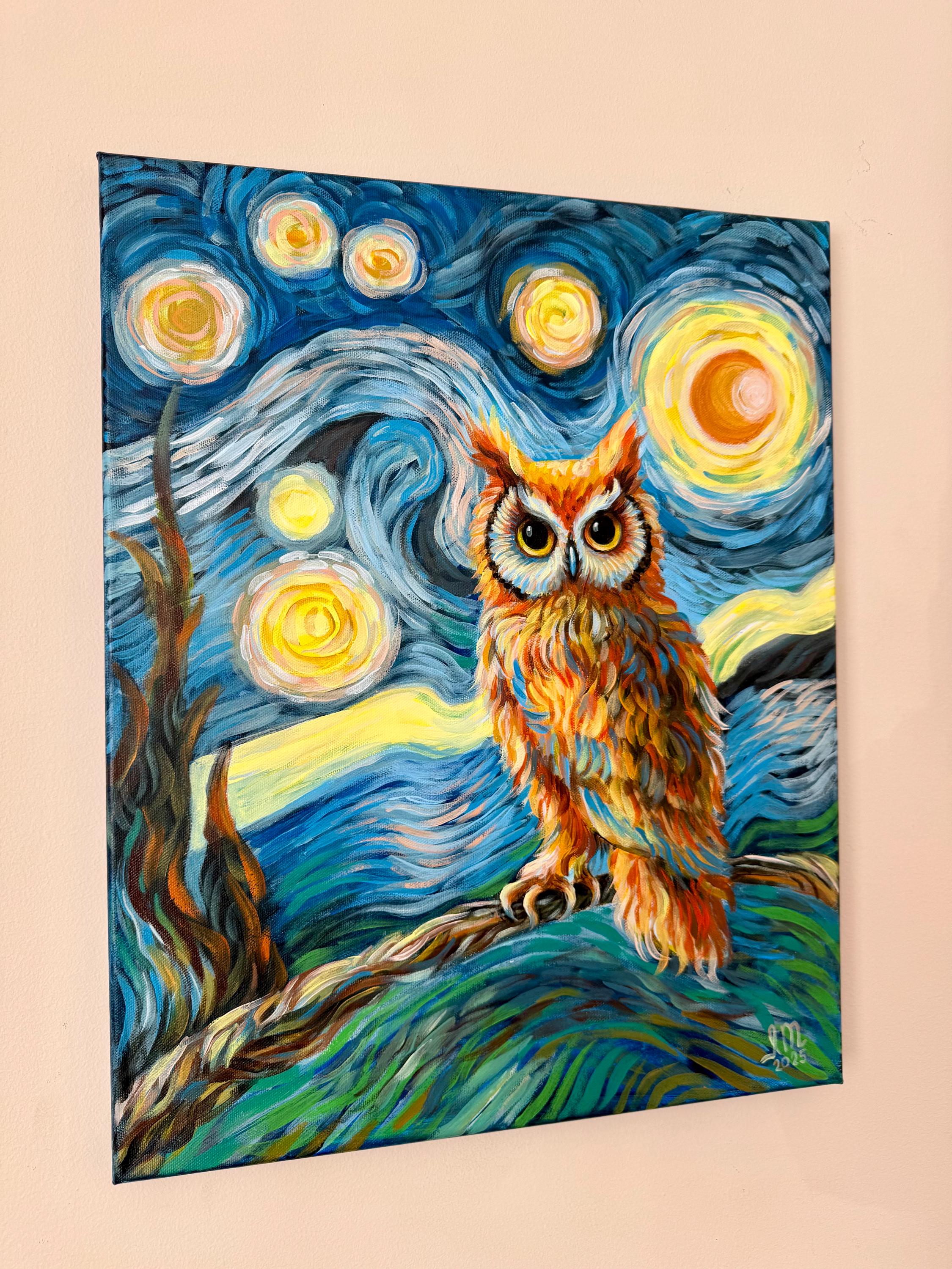 The Starry Night Owl Canvas Painting, Hand Painted Ready to Hang ...