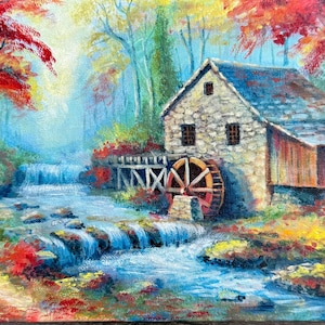 River Mill Original Painting on Canvas • Water Mill Painting • One of a Kind Painting • River Mill in Forest • Gift for Nature Lovers