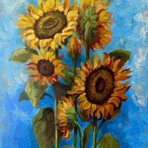 Yellow Flowers Painting on Stretched Canvas Sunflowers Original Acrylic Painting Flowers Canvas Nature Painting Flower Wall Decor