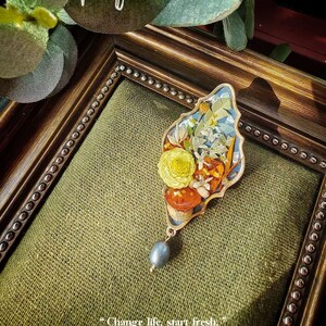 Yellow Orange and Blue Victorian Vintage style flower garden Brooch with blue pearl/Victorian  Flower Cameo/Jewelry Gift for Her