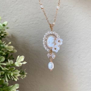 Cameo pendant necklace in vanilla color/Vintage Inspired Gold Cameo Necklace with Fresh water Pearls and Cubic Zirconia