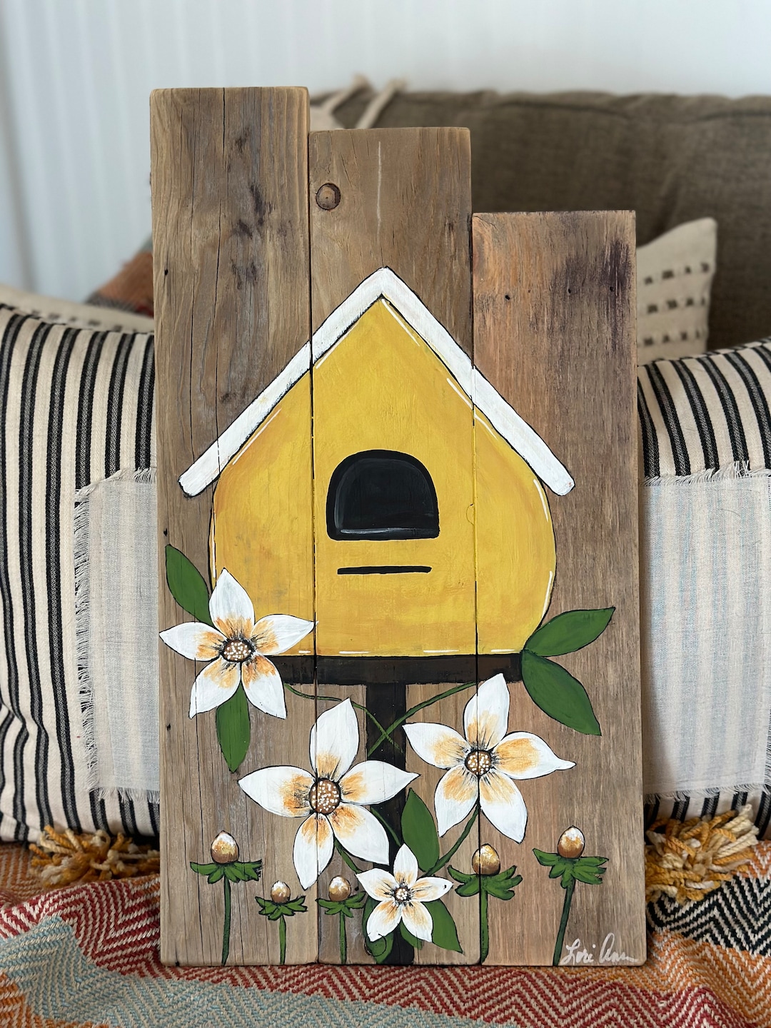 Original Art, Bird, Birdhouse, Wall Art, Flowers, Home Decor, Reclaimed