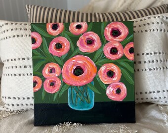 Handmade Floral Acrylic Painting: Orange & Pink Flowers, 12x12 Canvas