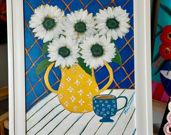 Original Floral Still Life Painting on Canvas - Framed Art Home Decor