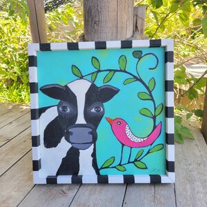original art, framed art, cow painting, cow art, wall art, farmhouse art, wall decor, farmhouse painting, bird, cow