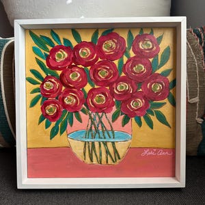 original art, floral art, acrylic and oil painting, still life floral,  expressionist painting red, yellow pink floral, one of a kind art