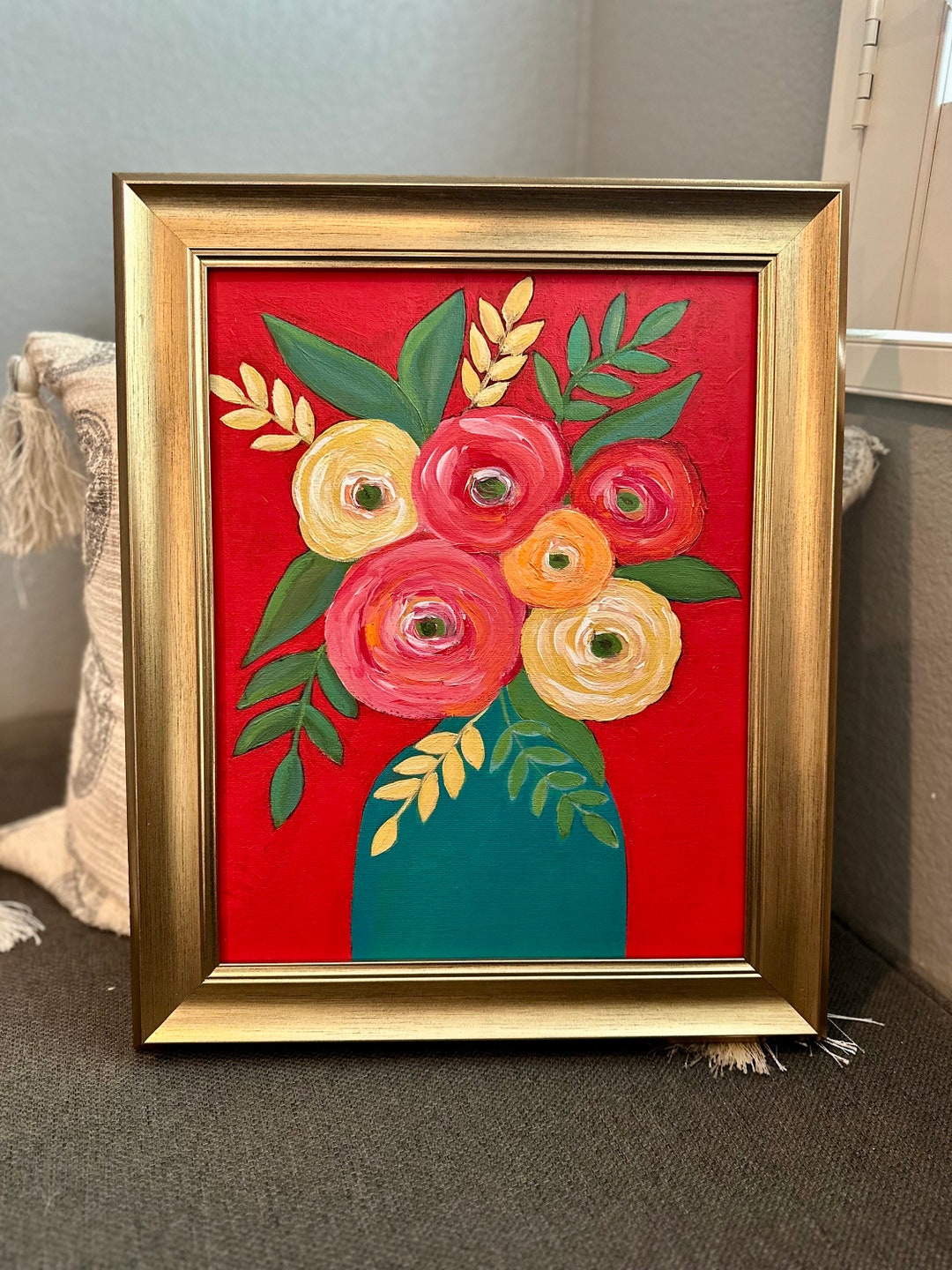 Original Floral Painting on Canvas: Red & White Abstract Art (14x11 ...
