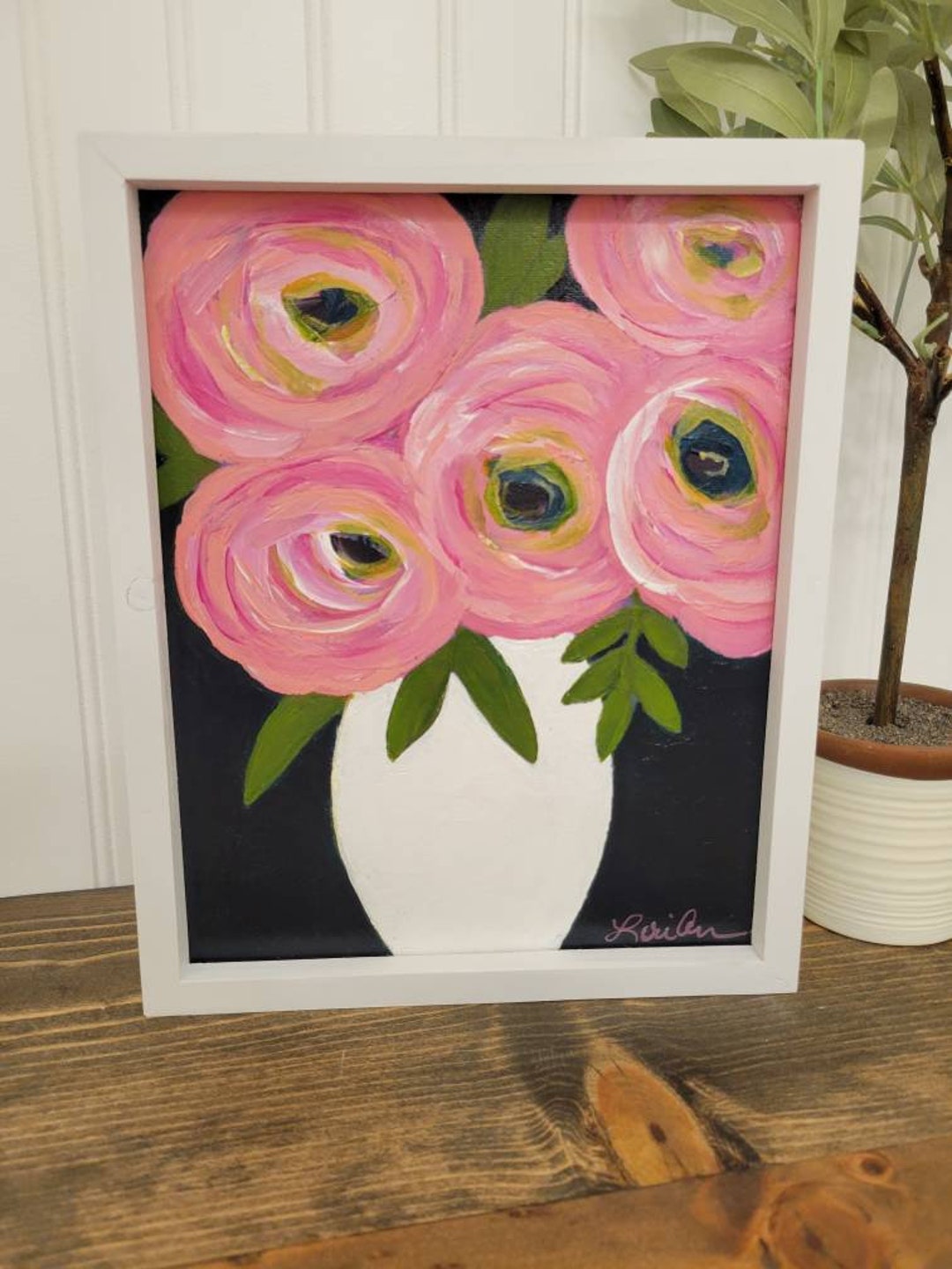 Original Art, Floral Art, Flower Painting, Wall Art, White Frame, Canvas Art, on Canvas, Bright
