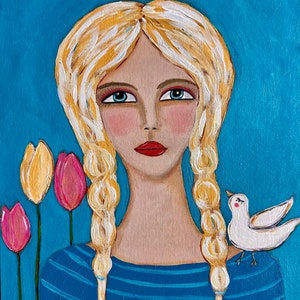 Acrylic and oil painting, abstract figurative painting, woman abstract face, blonde, original one of a kind painting, woman face not a print
