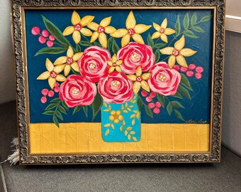Original Floral Painting on Canvas: Abstract Still Life, Framed Art
