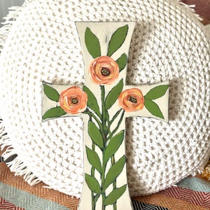original art, cross, wall art, flowers,  home decor, wood, wood cross, farmhouse, cottage decor, cross decor, cross painting, hanging cross
