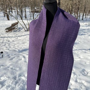Puede incluir: Una bufanda morada con un patr&oacute;n geom&eacute;trico est&aacute; drapeada sobre un maniqu&iacute; negro. La bufanda tiene un dise&ntilde;o de tejido de diamantes y flecos en los extremos. El fondo es una escena nevada al aire libre con &aacute;rboles.